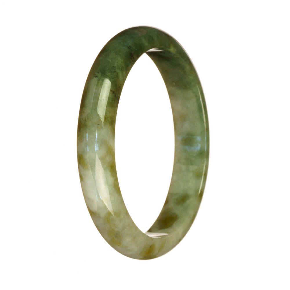A close-up image of a beautiful green and white jade bracelet in a half moon shape. The intricate pattern adds an elegant touch to this genuine Grade A jade accessory.