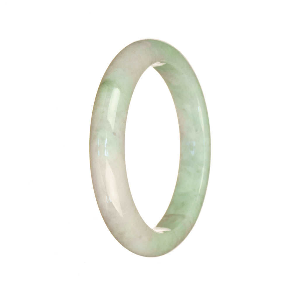 A close-up of a stunning bracelet made of real grade A white and light green jadeite jade. The bracelet has a semi-round shape and measures 53mm in size. It is a beautiful piece of jewelry from the MAYS™ collection.