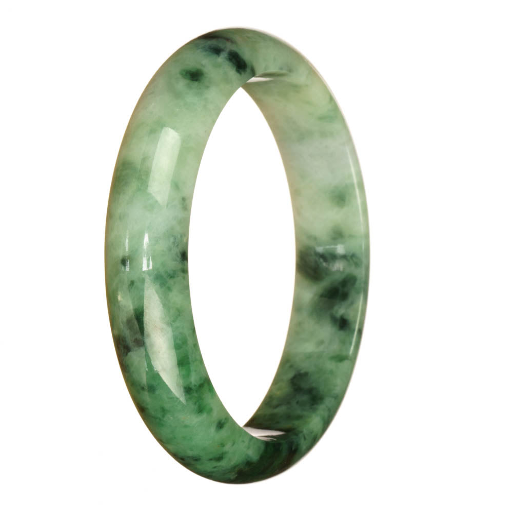 A close-up image of a beautiful jade bracelet, featuring a pattern of green and white colors. The bracelet is in the shape of a 63mm half moon, and it is made of high-quality Grade A jade. The bracelet is being sold by MAYS.