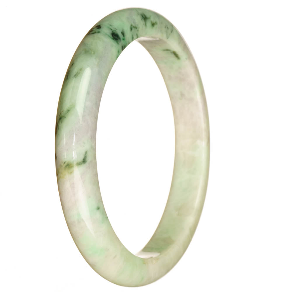 A close-up photo of a beautiful, half moon-shaped jade bangle bracelet in a natural white pattern. The bracelet is made of genuine jade and has a diameter of 67mm. Perfect for adding a touch of elegance to any outfit.