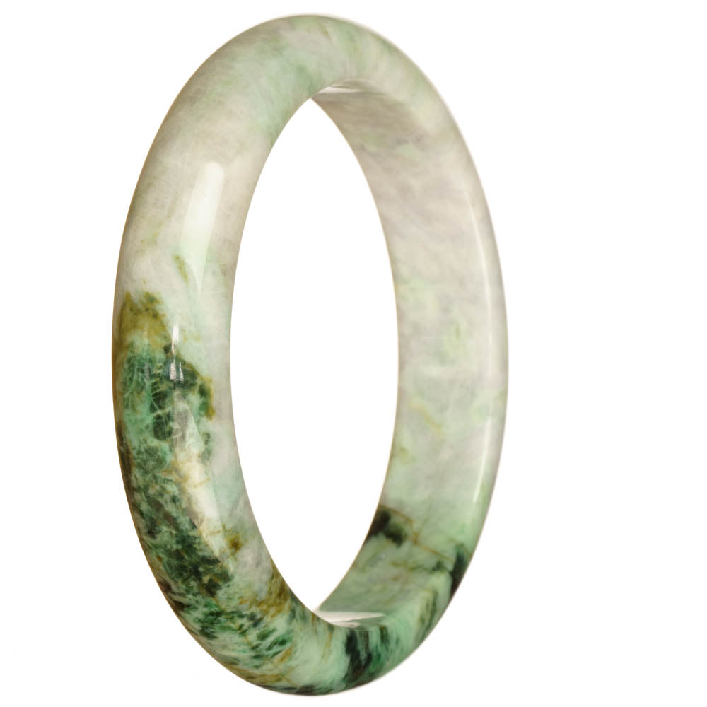 Authentic Untreated White and Green Pattern Burma Jade Bangle Bracelet - 67mm Half Moon