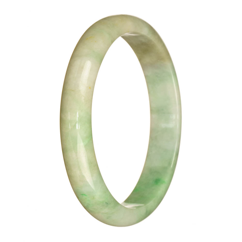 A close-up image of an untreated, authentic traditional jade bangle with a white and green pattern. The bangle is in the shape of a half moon and measures 79mm in diameter. It is a MAYS™ product.