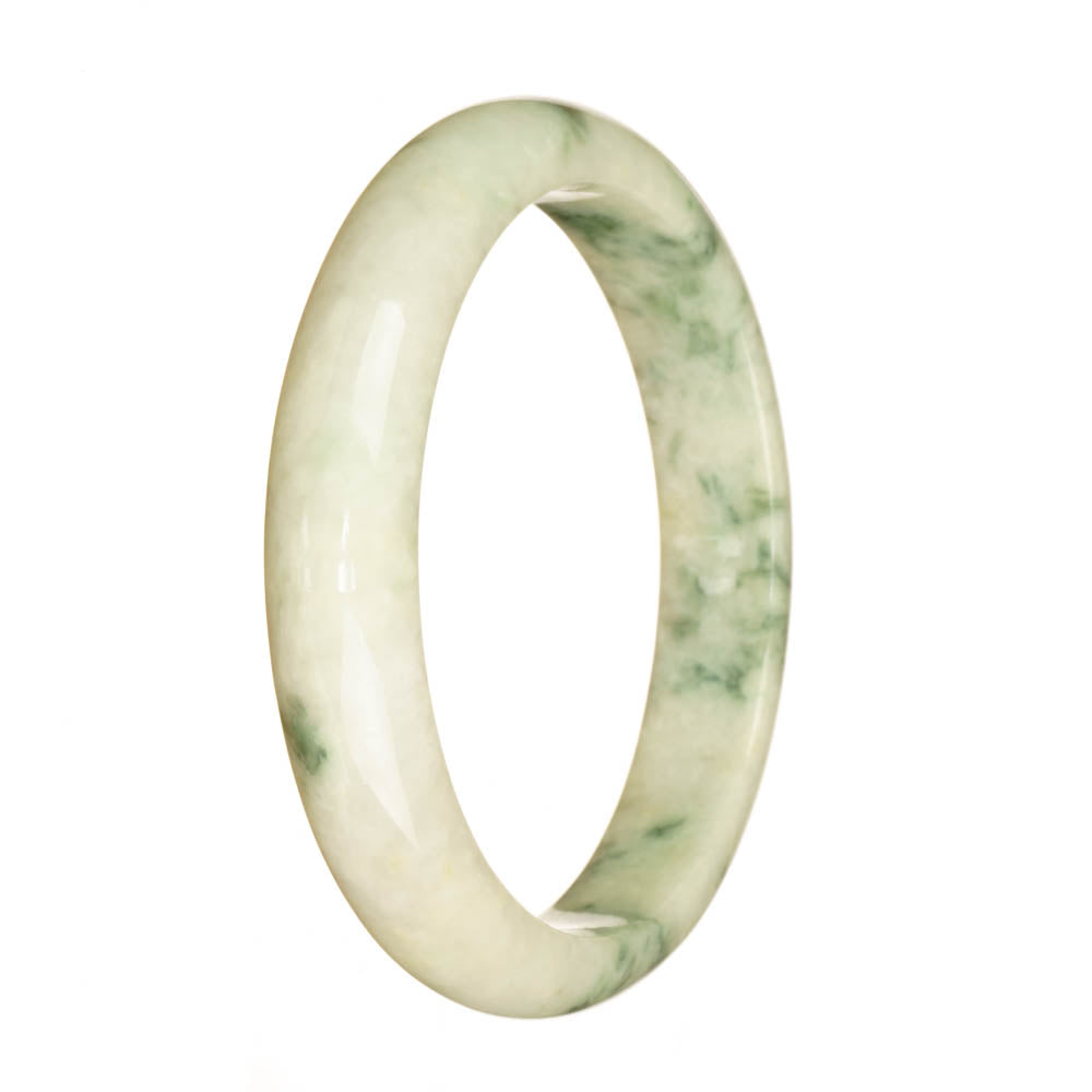 Authentic Untreated White and Greyish Green Pattern Jadeite Bangle - 65mm Half Moon