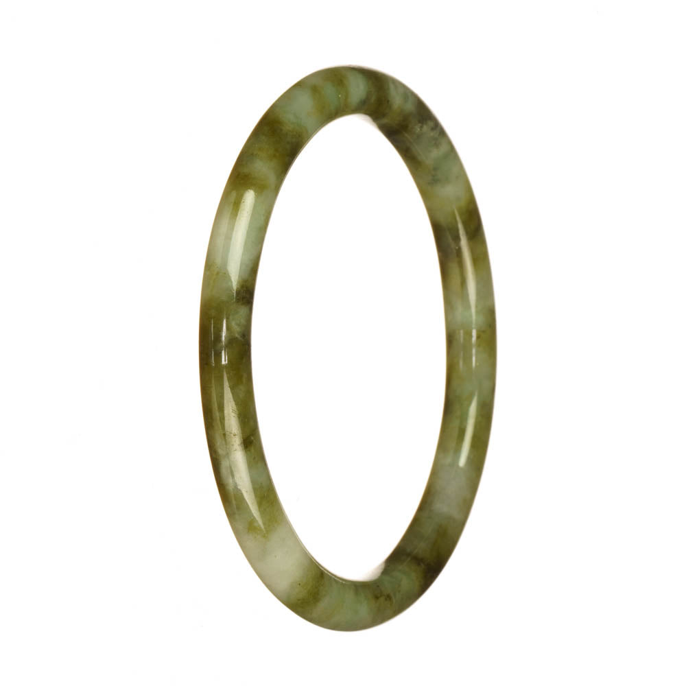 A round jade bangle, measuring approximately 62mm in diameter, featuring a mix of green, white, and brown patterns. The bangle is made of genuine Grade A jadeite jade and is sold by MAYS GEMS.