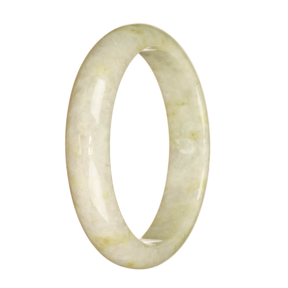 A close-up photo of a white jade bangle bracelet with a half-moon shape. The bracelet is made from genuine Type A jade and has a diameter of 60mm. It is a traditional and elegant piece of jewelry from MAYS GEMS.