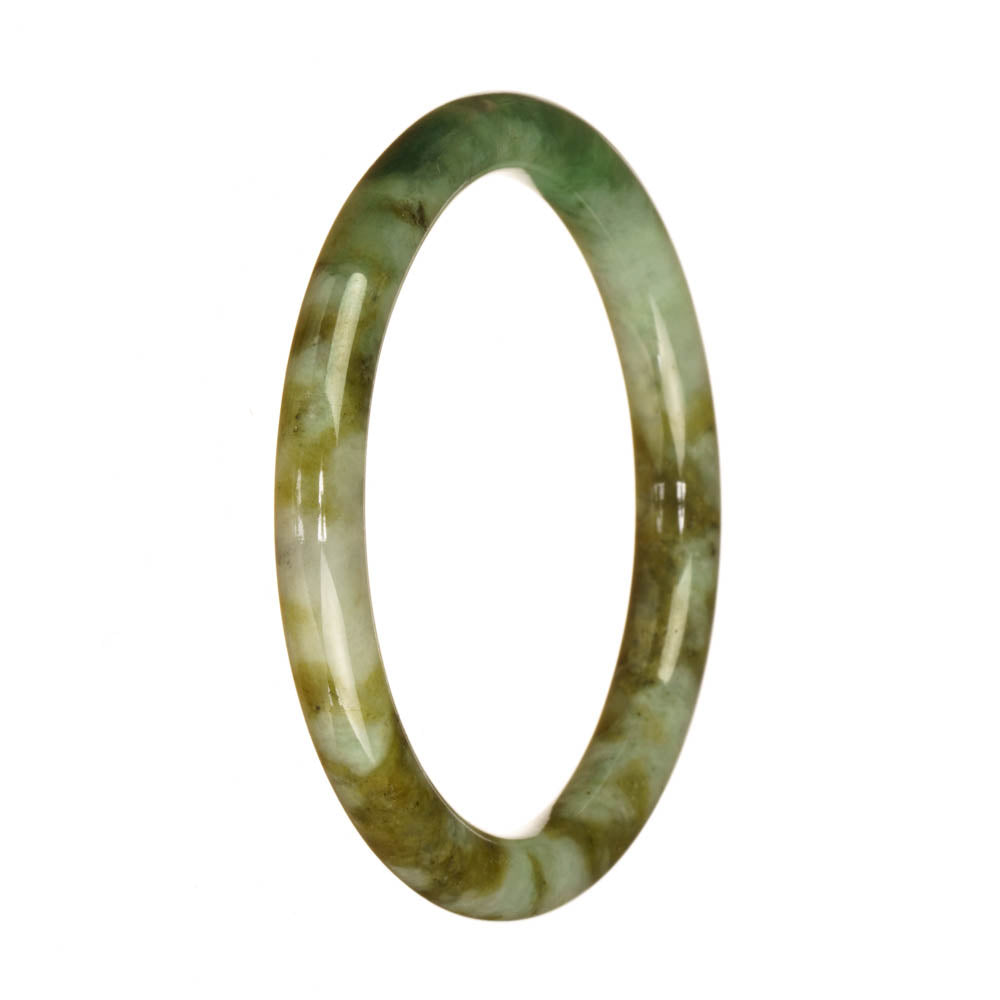 A close-up of a petite round jadeite bangle in a beautiful mix of green, white, and brown patterns. The smooth and polished surface highlights the natural colors and unique markings of the jadeite stone.