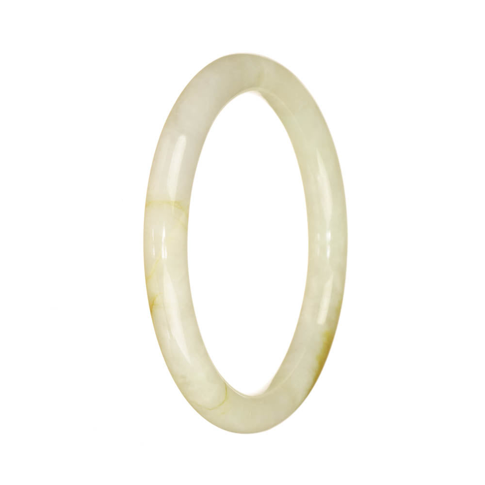 A close-up image of a petite round white bangle bracelet made of Real Grade A White with Brown Burmese Jade. The bracelet has a smooth and polished surface, showcasing the natural patterns and hues of the jade.