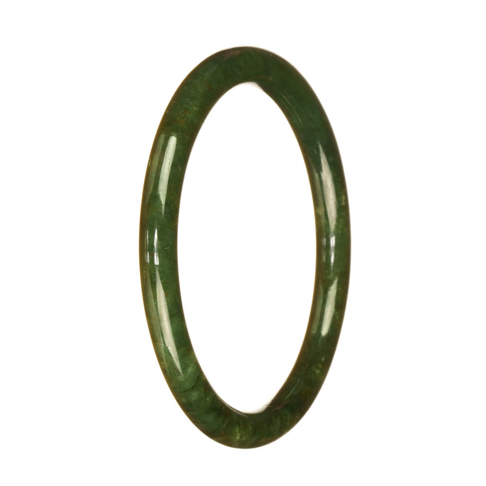 A close-up image of a small round jade bangle bracelet in a deep green color. The bracelet is made of certified untreated Burma jade and measures 60mm in size. It is a beautiful piece of jewelry from MAYS GEMS.