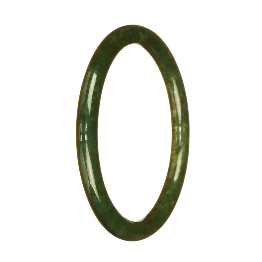 A close-up photo of a petite round jade bangle bracelet with a deep green color. The bracelet is made of real natural jadeite jade, showcasing its beautiful and rich hues. Perfect for adding an elegant touch to any outfit.