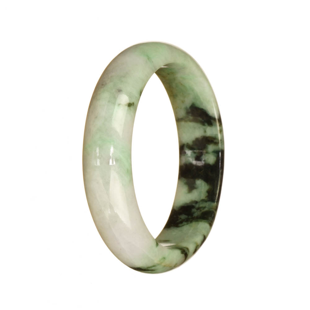 A stunning half moon shaped Burmese Jade bangle with a beautiful white and green pattern. Perfect for adding a touch of elegance and natural beauty to your ensemble.