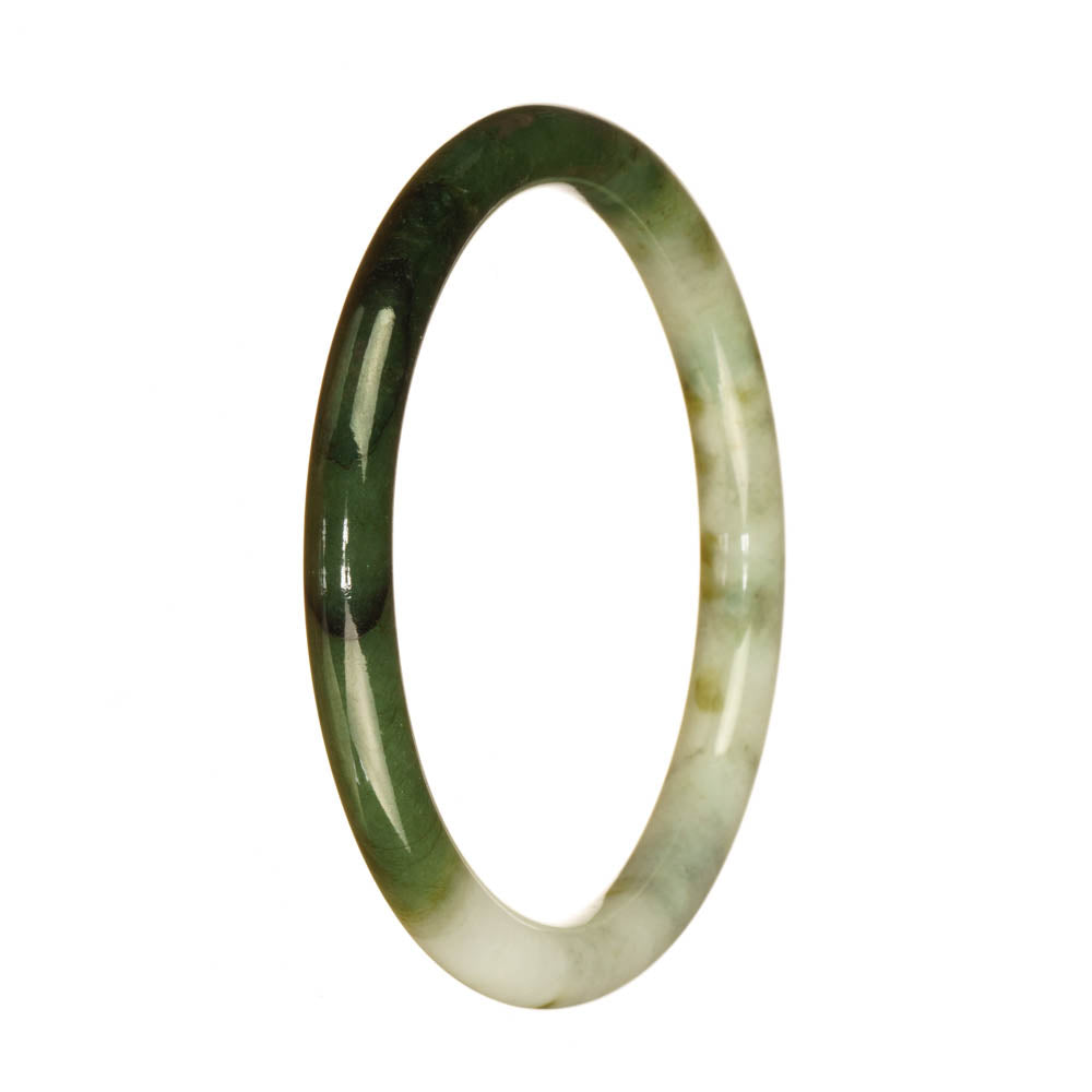 An elegant white and green jade bangle bracelet, with a petite round shape. It features a beautiful pattern and is made with authentic Grade A jade. This bracelet is a luxurious and stylish accessory.