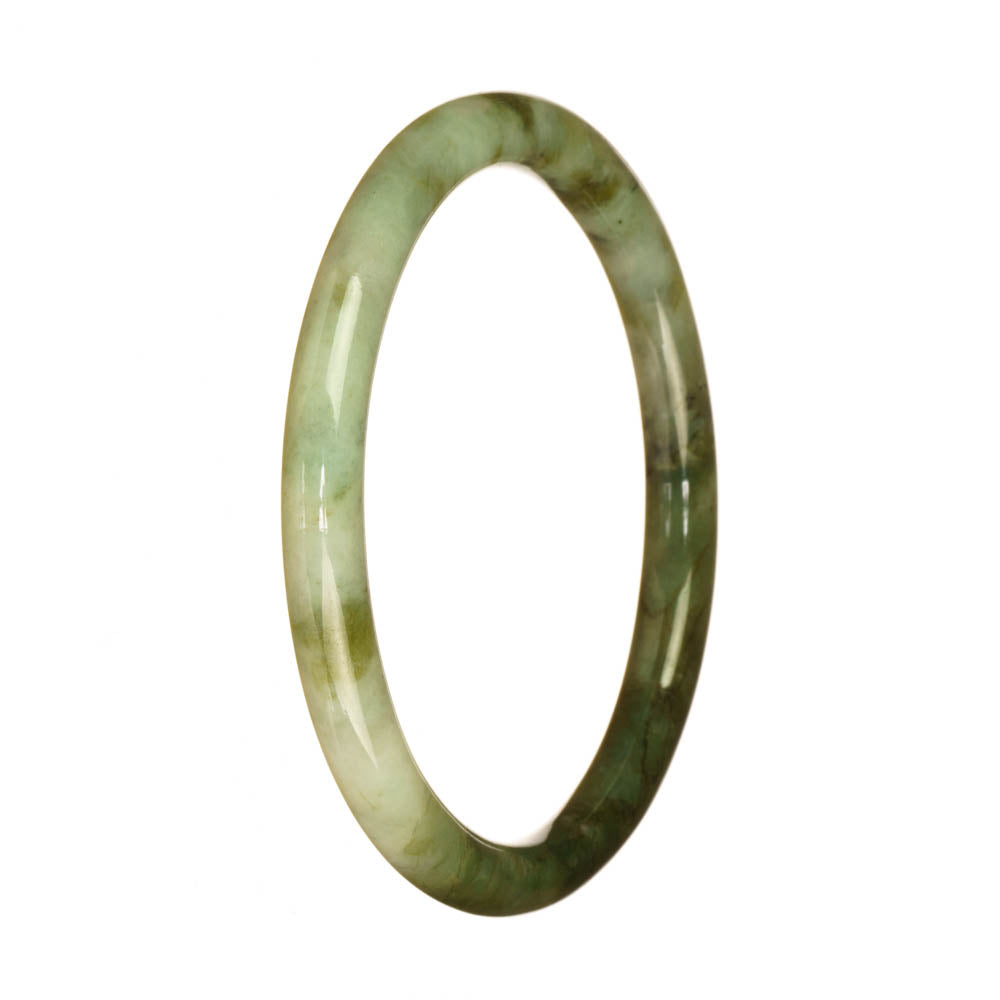 A close-up image of a small round jade bracelet with a traditional green and white pattern, certified as untreated. The bracelet has a diameter of 61mm and is part of the MAYS™ collection.