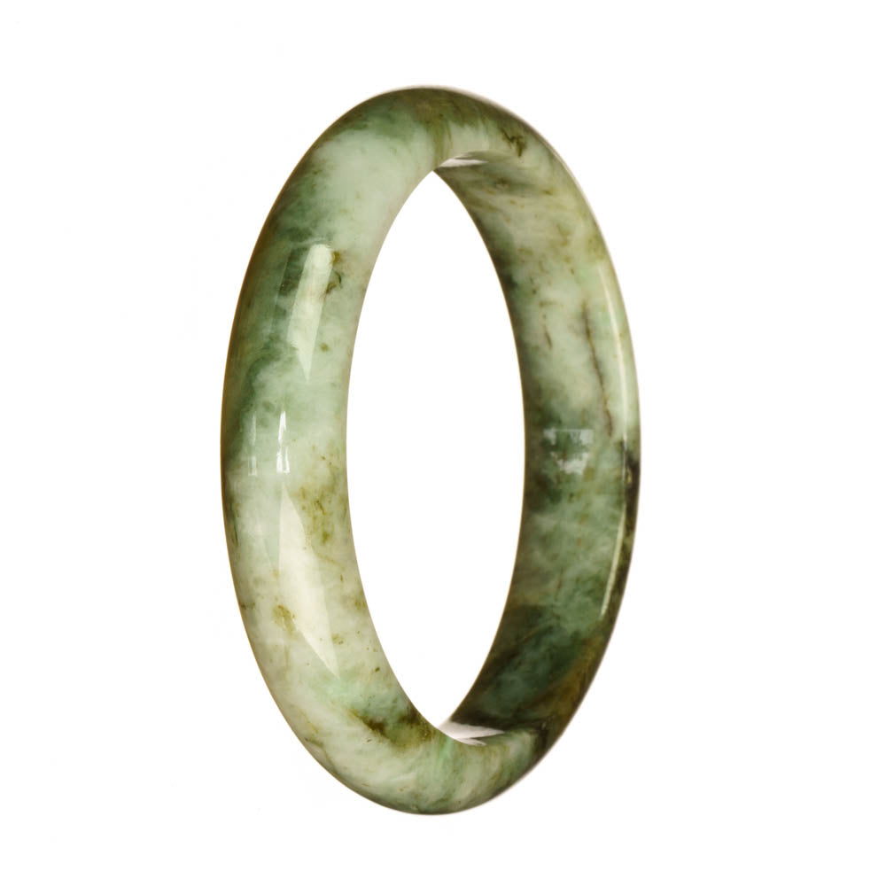 A close-up photo of a half-moon shaped jadeite bangle with a beautiful white and green pattern. The bangle is made from genuine, untreated jadeite and has a diameter of 59mm. It is an exquisite piece of jewelry offered by MAYS.