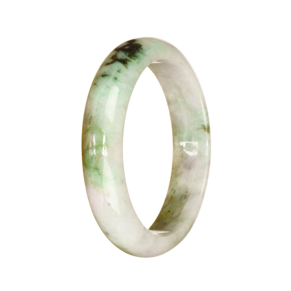 A close-up image of an authentic Grade A white jade bangle bracelet with a green pattern. The bracelet is in the shape of a 54mm half moon, and it is being sold by MAYS.