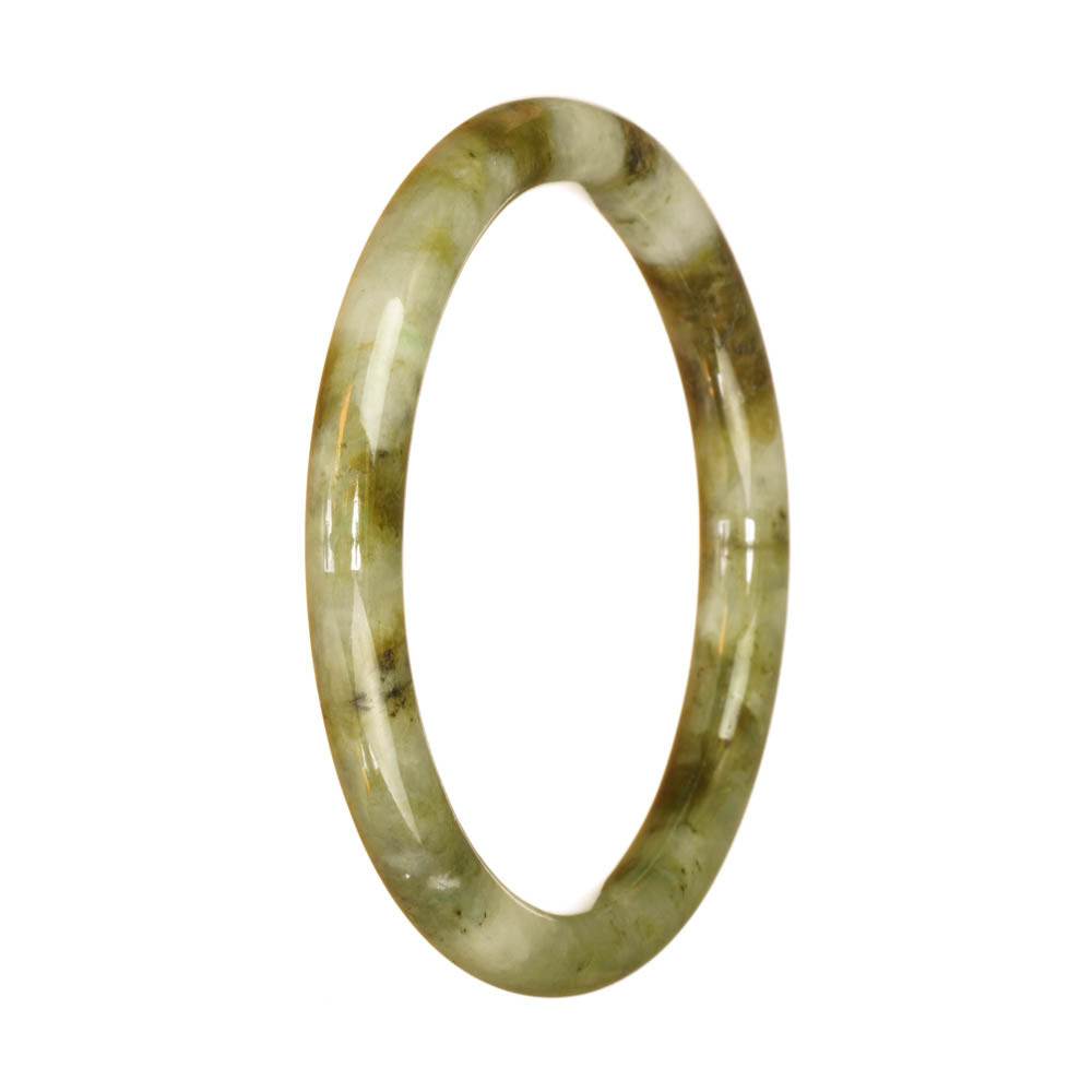A close-up of an elegant green and brown Burma Jade bangle with a unique pattern, perfect for a petite wrist.