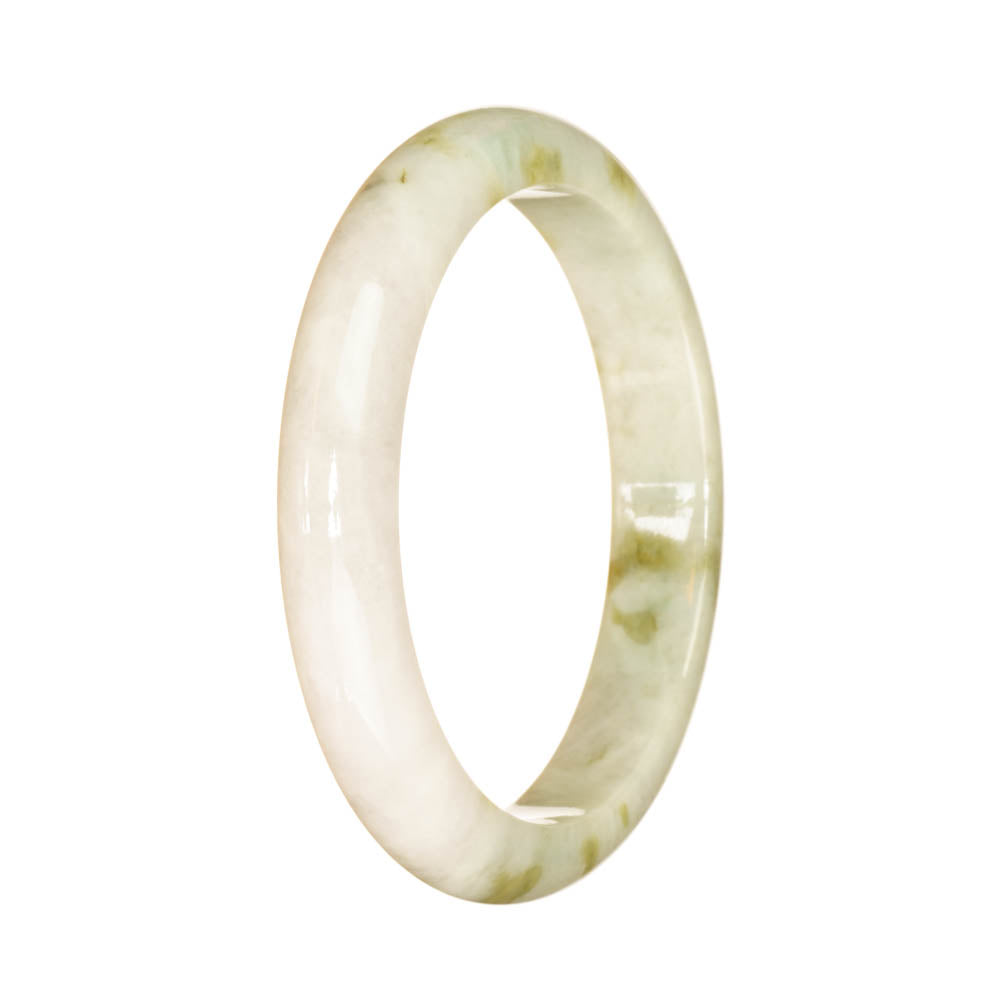 A half moon-shaped Burmese Jade bangle bracelet with an authentic Type A White color and a beautiful brown pattern. The bracelet measures 57mm in size. Perfect for adding a touch of elegance to any outfit.