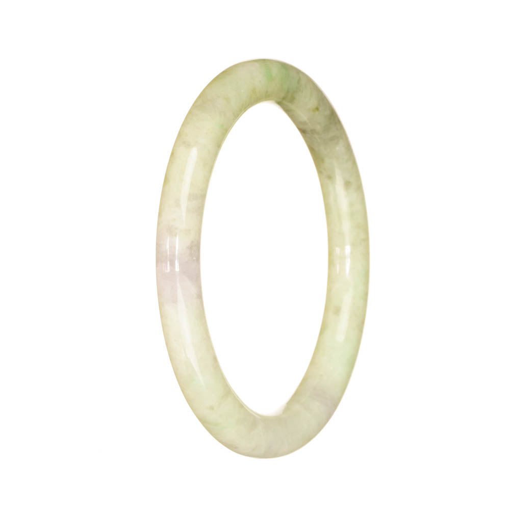 A small, round jade bangle with a light green and green pattern. It is made of high-quality grade A jade and has a petite size of 55mm. The bangle is sold by MAYS.