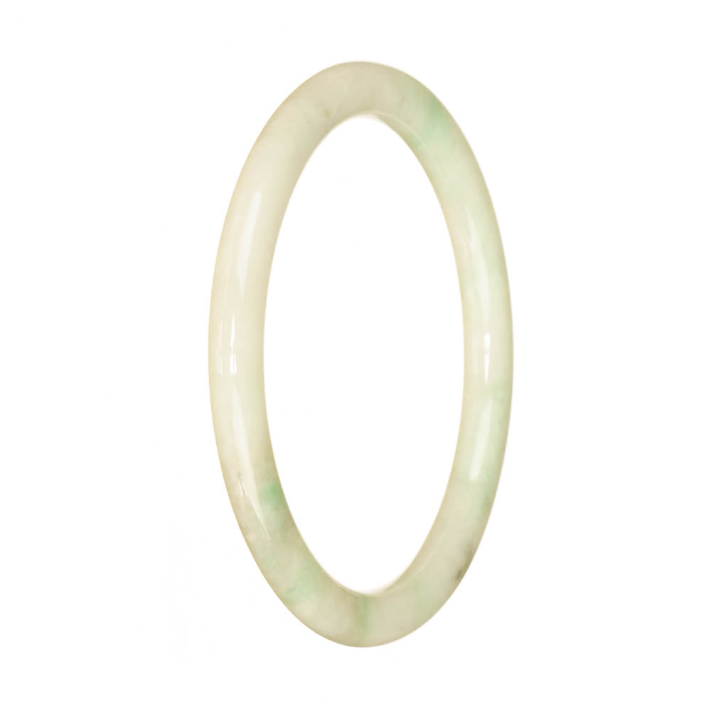 A close-up photo of a small, round light green Burmese jade bangle with a smooth, polished surface, measuring 60mm in diameter.