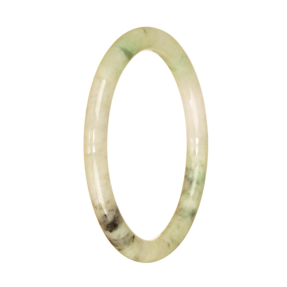 An elegant and dainty light green jade bangle with a beautiful pattern, made from authentic Grade A jadeite. Measures 60mm in diameter, perfect for petite wrists. Designed by MAYS.