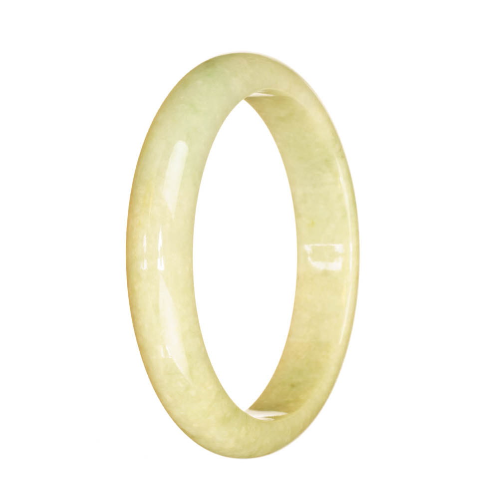 Close-up of a light green jade bracelet, featuring a half moon shape, measuring 59mm in diameter. The bracelet is made of certified Grade A traditional jade and is produced by MAYS™.