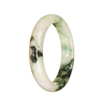 Close-up photo of a white jadeite bracelet with a deep green pattern in a half-moon shape.