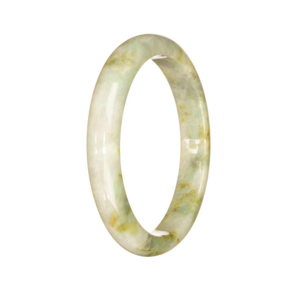 A close-up image of a light green jade bracelet with a unique half moon shape. The bracelet is made from genuine untreated Burmese jade and features a beautiful pattern.