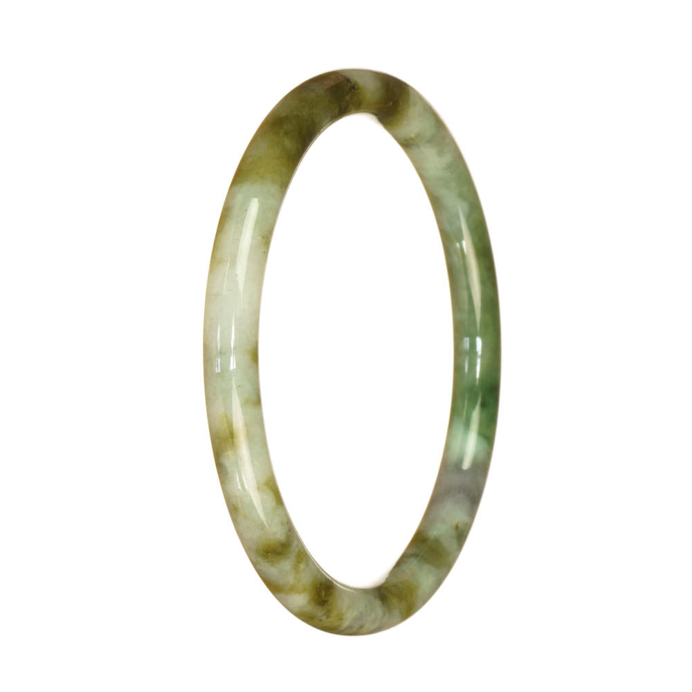 A close-up image of a petite round Burma jade bracelet with a beautiful green, white, and brown pattern. The bracelet is made of genuine Type A jade and measures 62mm in size. It is a stylish and elegant accessory designed by MAYS™.