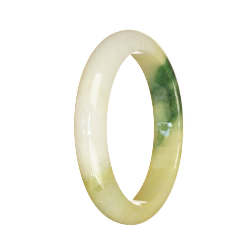 A close-up image of a beautiful jade bracelet with a unique pattern of white, green, and brown colors. The bracelet is in the shape of a half moon and has a diameter of 55mm. Perfect for adding a touch of elegance to any outfit.