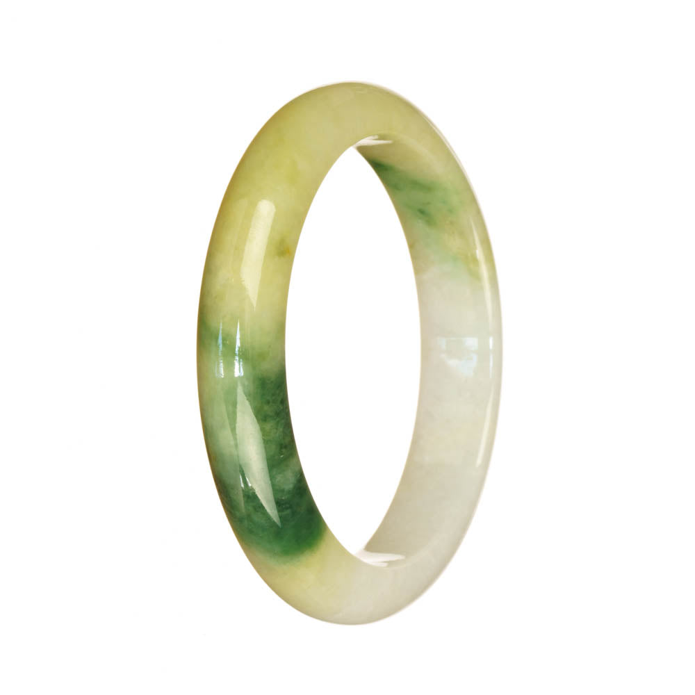 A beautiful half moon-shaped jade bangle bracelet featuring a real, natural white, green, and brown pattern, perfect for adding a touch of traditional elegance to any outfit.