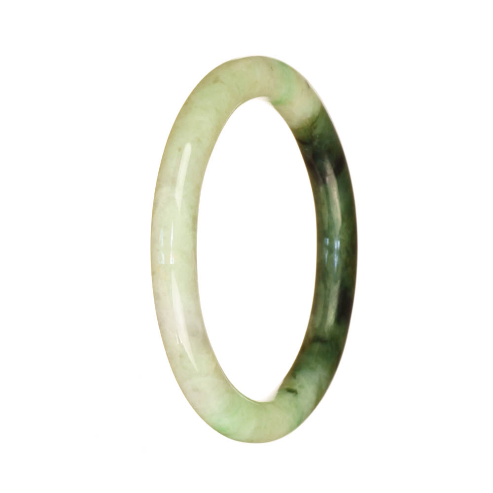 A small, round jade bangle with a beautiful white and green pattern. Perfect for adding a touch of elegance to any outfit.
