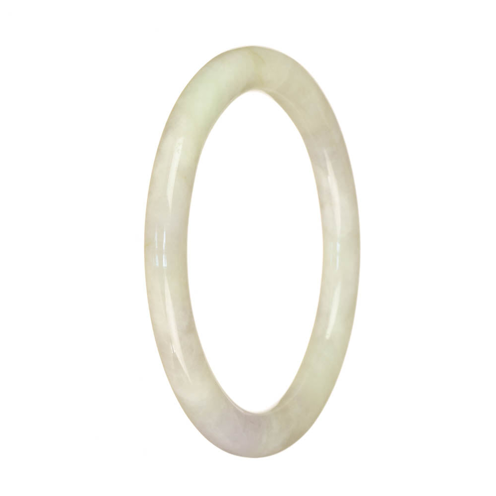 A close-up of a small, round Type A White Jadeite bangle on a white background. The bangle is made of genuine jadeite and has a sleek, polished finish. It measures 59mm in diameter, making it a petite size. The bangle is from MAYS GEMS, a trusted source for authentic gemstones.