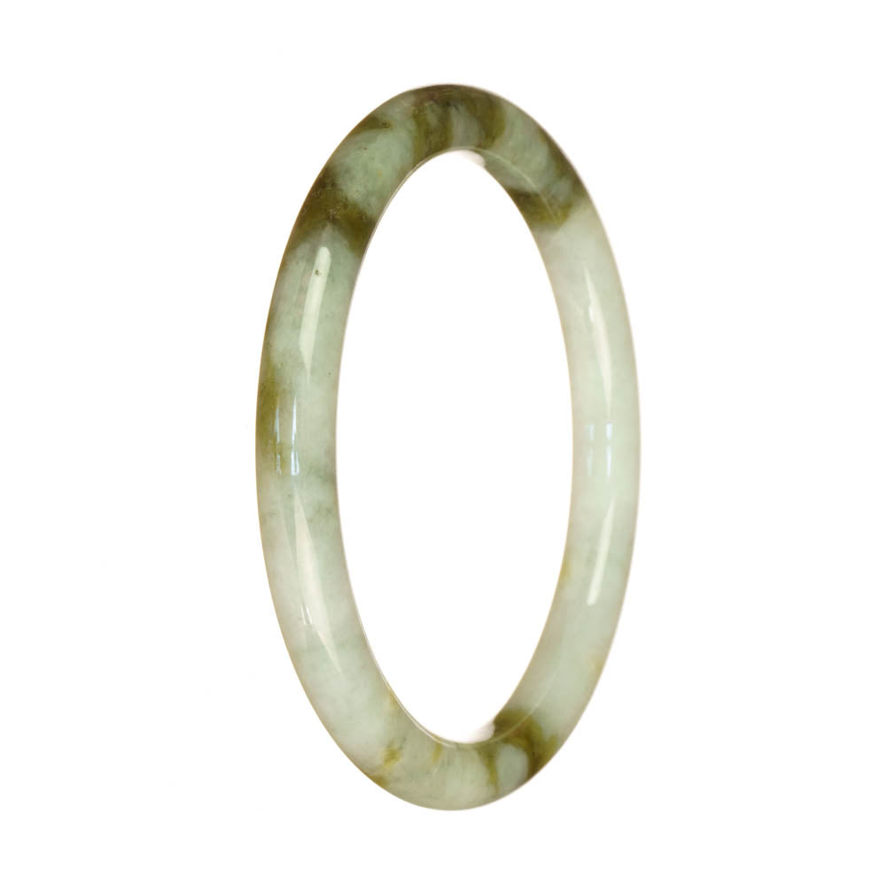 A delicate, petite round Burma Jade bangle with a genuine Grade A pale green and brown pattern. The bangle measures 60mm in size and is perfect for adding a touch of elegance to any outfit. Made by MAYS™.