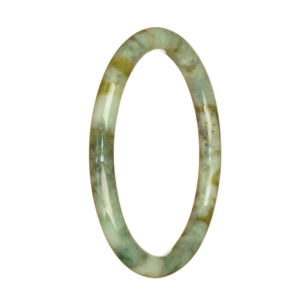 A close-up image of a small, round jade bangle bracelet with a unique pattern of green and brown colors. The bracelet is made from genuine natural jade and has a diameter of 61mm. It is a petite and elegant piece of jewelry designed by MAYS.