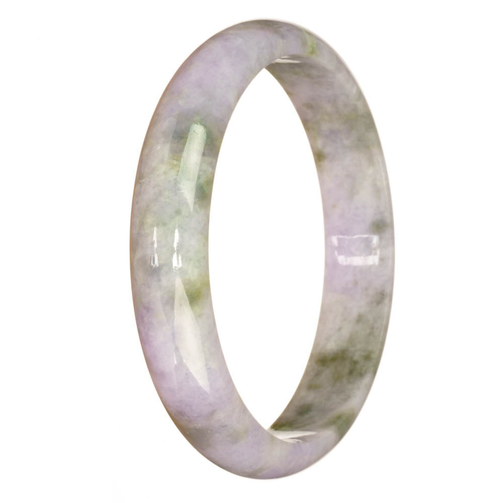 A lavender-colored bangle made of genuine natural lavender and adorned with a green Burmese jade stone, shaped in a half-moon design. Handcrafted by MAYS GEMS.