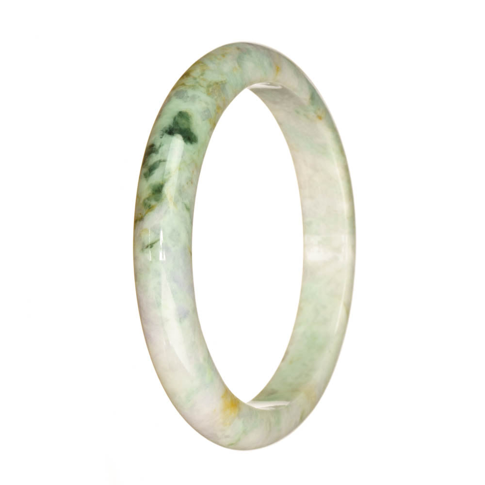 A pale green jadeite bracelet with a unique green pattern, offering a genuine Grade A quality. The bracelet is in the shape of a 67mm half moon, crafted by MAYS GEMS.