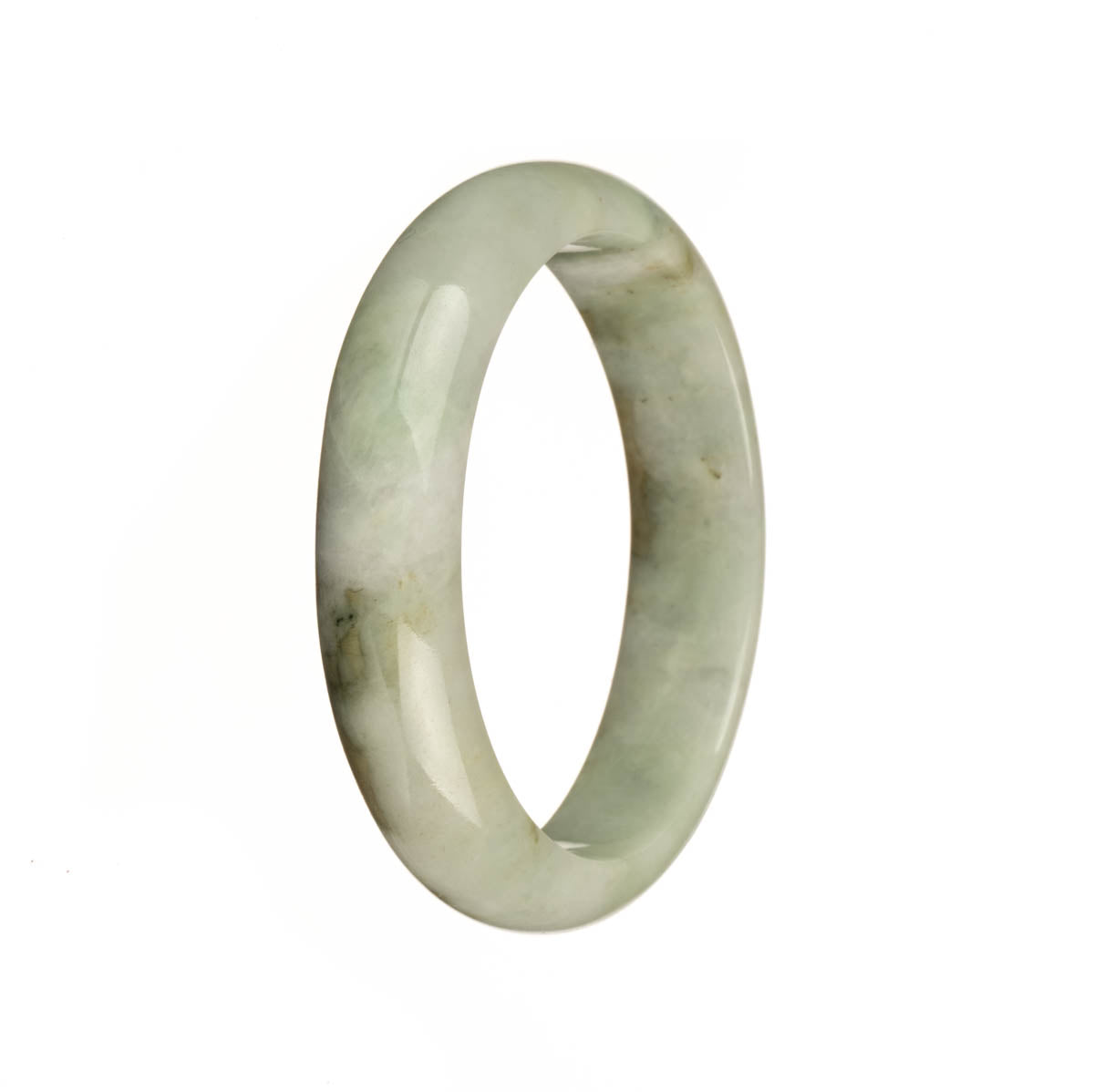 Image of an exquisite jade bangle bracelet, featuring a half-moon shape with a beautiful pale green color and intricate brown patterns. This authentic Type A Burma Jade piece measures 54mm in diameter and is a stunning addition to any jewelry collection. Handcrafted by MAYS GEMS, this bracelet radiates elegance and timeless beauty.