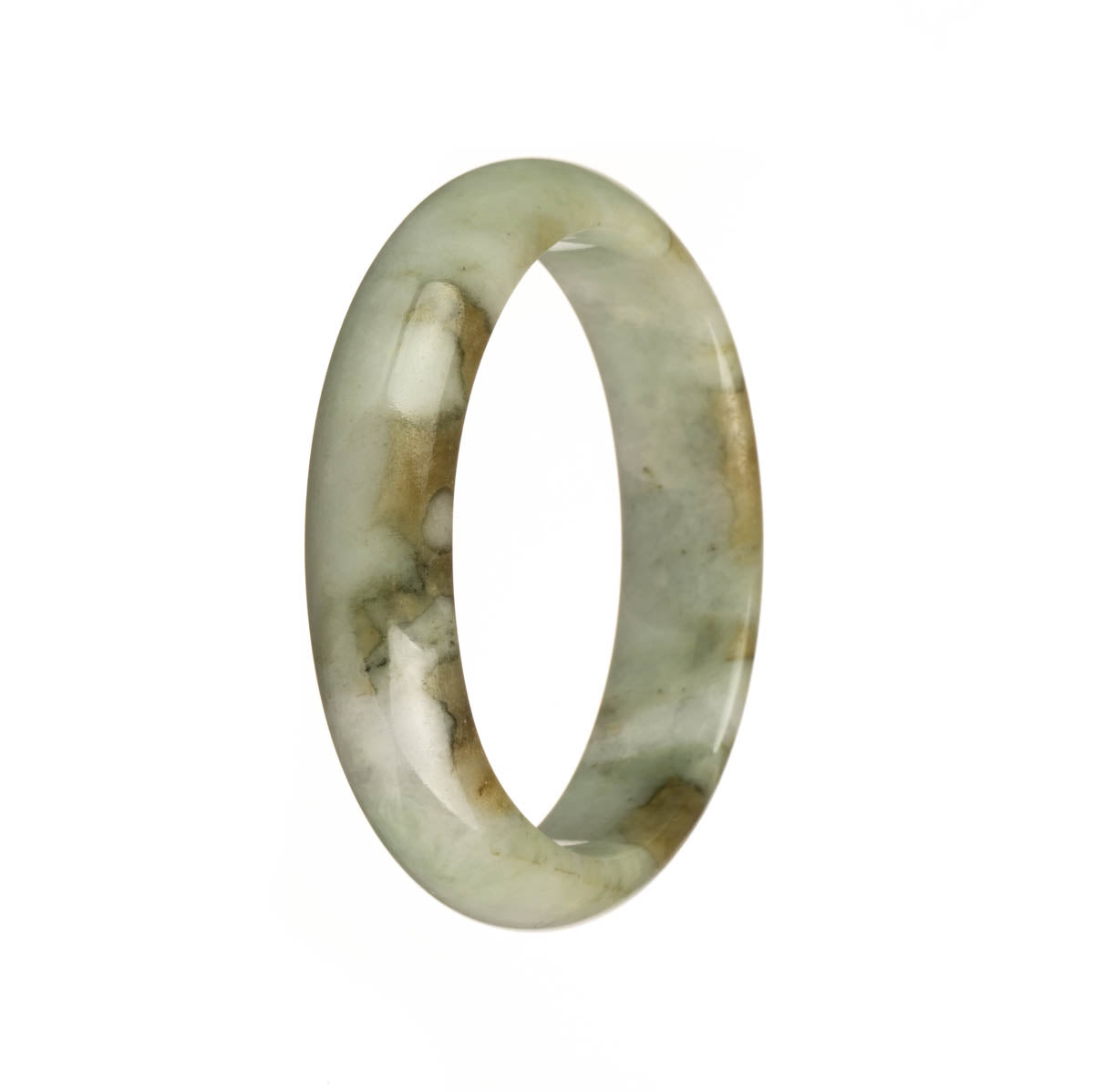 A pale green jade bangle with a brown pattern, featuring a half moon shape. It is made of genuine Type A jadeite jade and measures 54mm in size. Sold by MAYS.