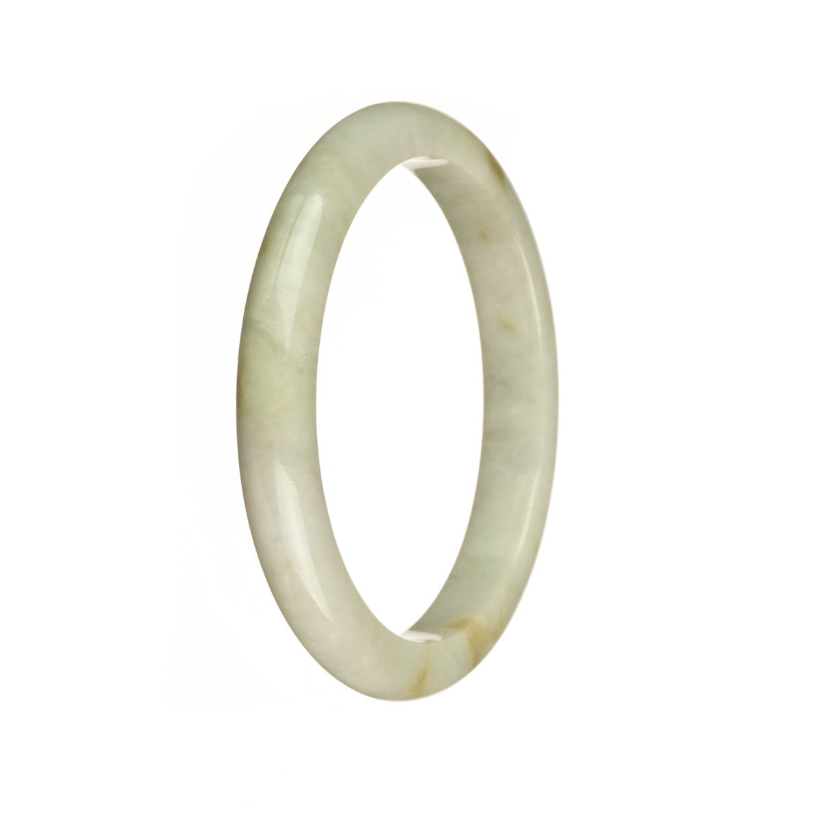 A close-up image of a traditional jade bangle with a white base and brown spots. The bangle is made of genuine Type A jade and has a semi-round shape with a diameter of 56mm. It is a beautiful piece from MAYS GEMS.