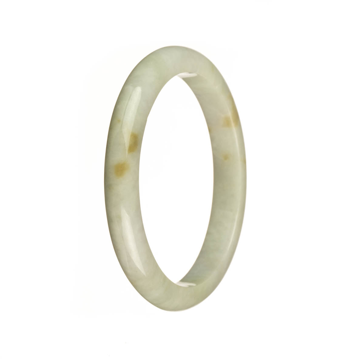 A close-up image of a traditional jade bracelet with a semi-round shape. The bracelet is made of genuine grade A white jade with brown spots. The size of the bracelet is 56mm. This piece of jewelry is offered by MAYS GEMS.