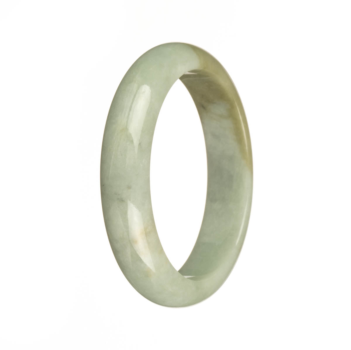 Close-up of a traditional jade bracelet made of genuine Type A green jade. The bracelet features a half moon shape and is adorned with olive green patches. A luxurious and timeless accessory by MAYS™.
