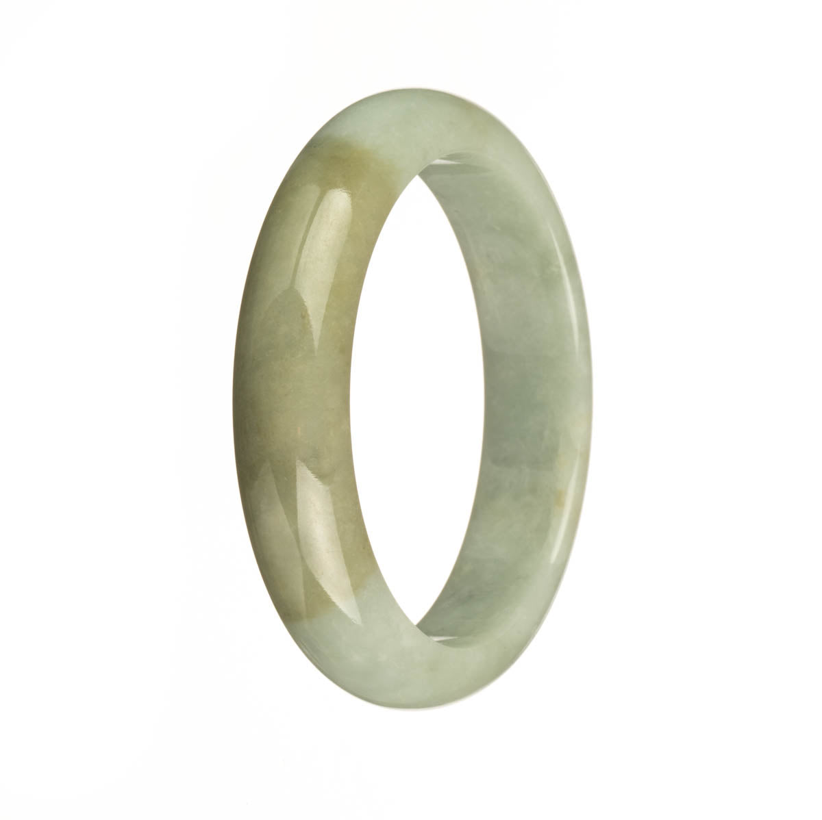 A beautiful green jadeite bangle bracelet with olive green patches, made from genuine Grade A jade. The bracelet is in a 57mm half moon shape, perfect for adding a touch of elegance to any outfit.