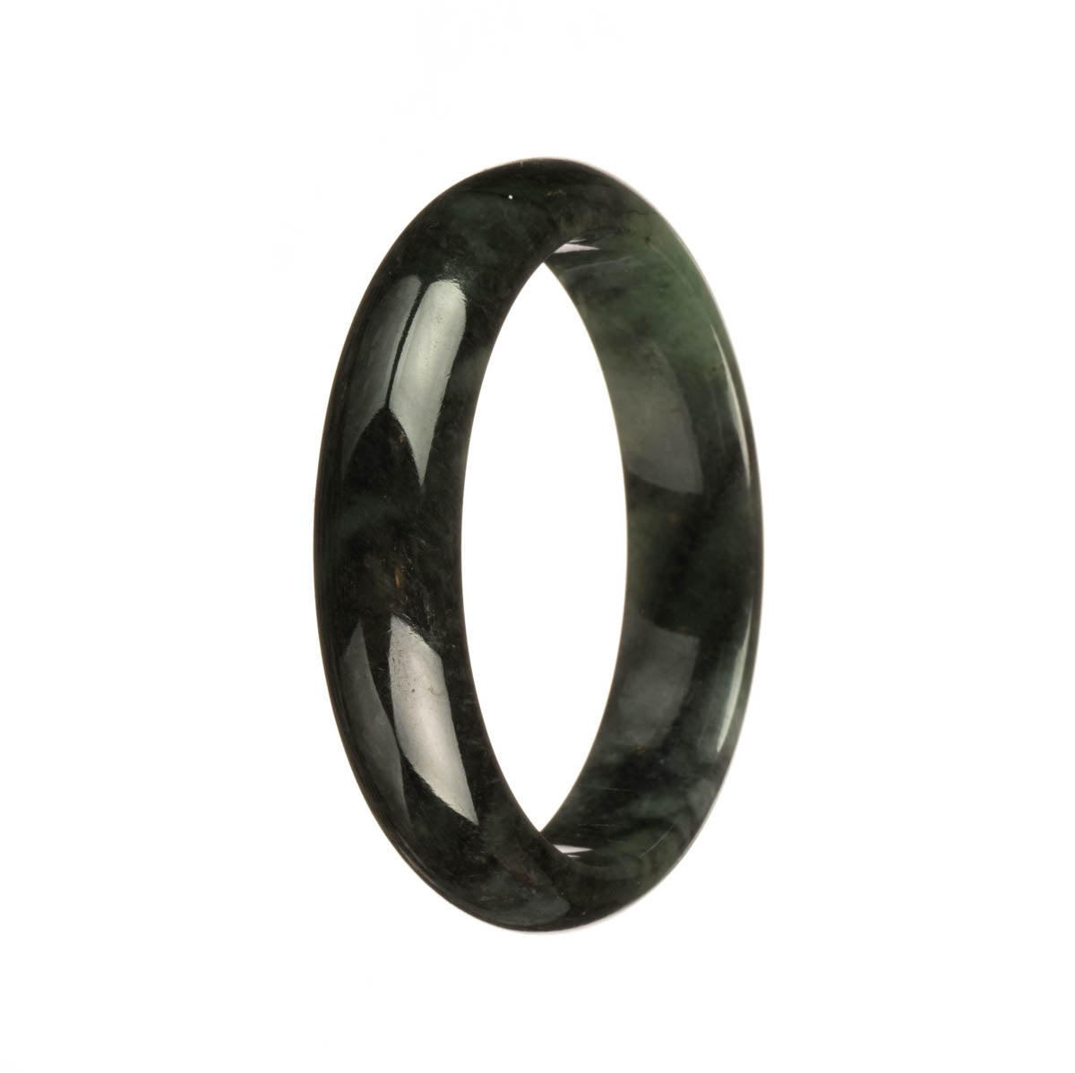 A close-up photo of a beautiful dark green Burma Jade bangle. The bangle has a half-moon shape and measures 55mm in diameter. It is certified Grade A and is a stunning piece of jewelry from MAYS™.
