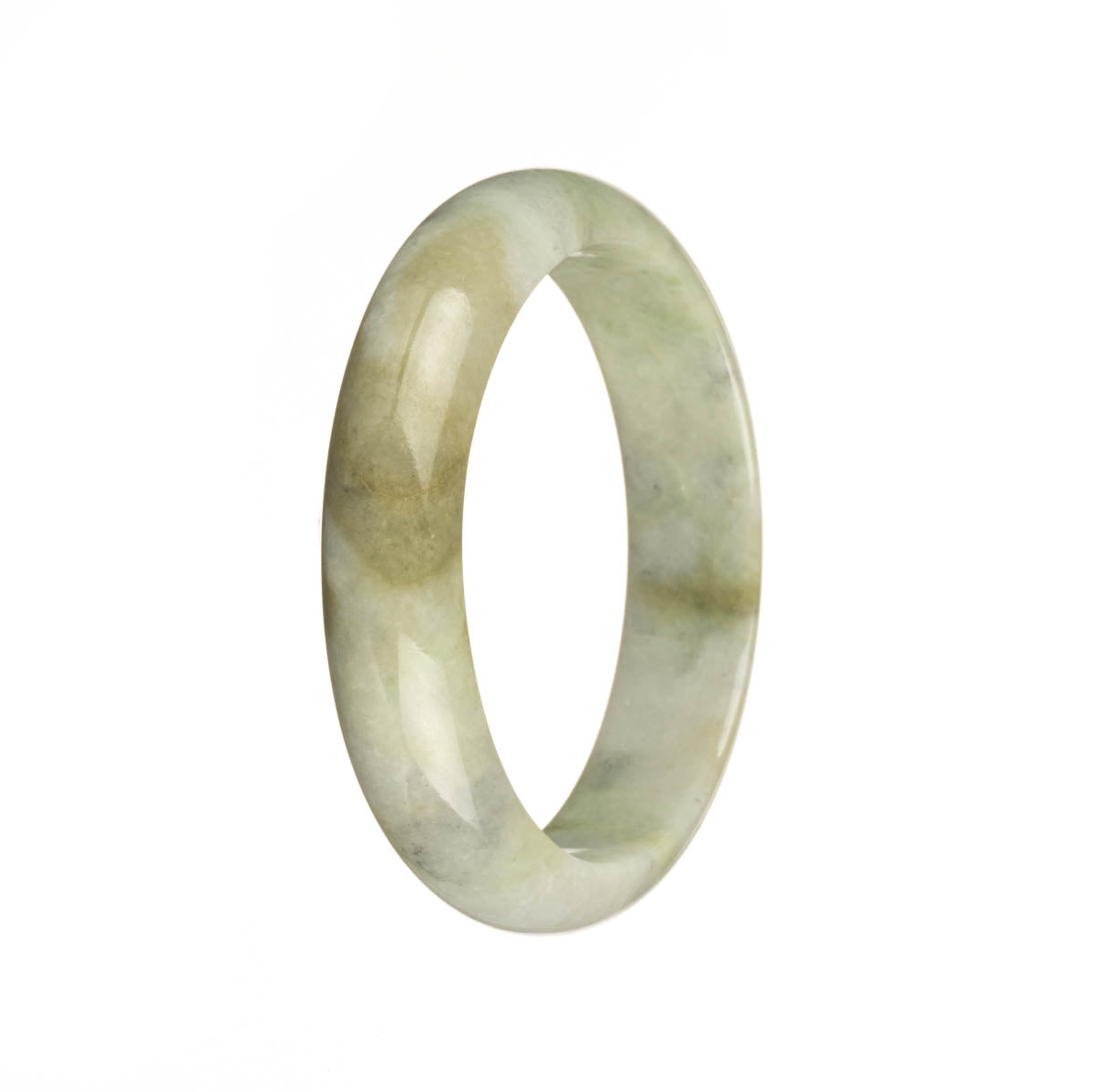 A close-up image of a genuine grade A pale green jade bangle bracelet with olive green patterns. The bracelet is in the shape of a half moon and measures 54mm in diameter. Created by MAYS GEMS.