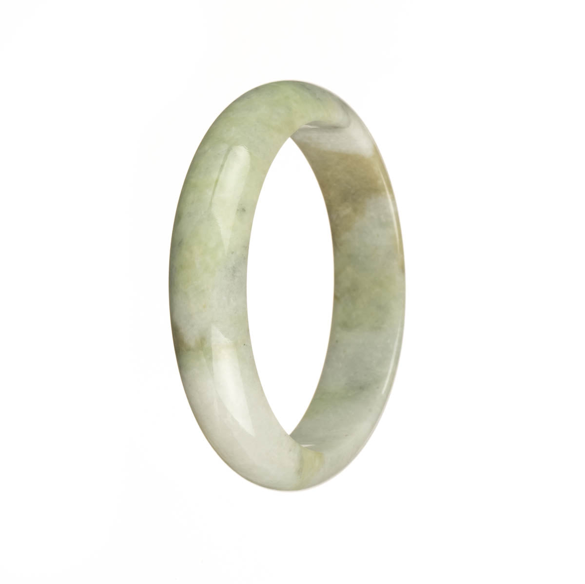 A stunning Burmese jade bangle bracelet with a real grade A pale green color and beautiful olive green pattern, shaped like a 54mm half moon. Perfect addition to your jewelry collection from MAYS.