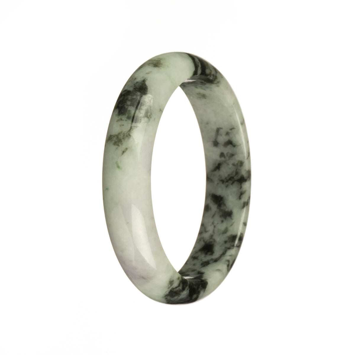 A half moon-shaped Burmese jade bangle with an untreated pale green color and a unique green pattern.