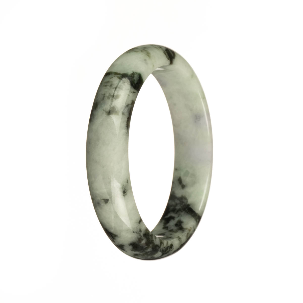 A close-up photo of a Real Grade A Pale Green with Green Pattern Traditional Jade Bracelet. The bracelet is 54mm in size and has a half-moon shape. It is crafted by MAYS.