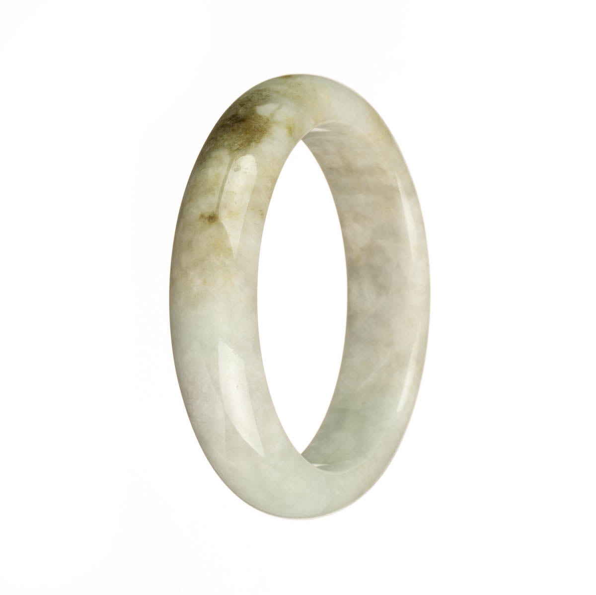 A close-up image of a jadeite bracelet, featuring a certified Grade A white jade with an olive green pattern. The bracelet is in the shape of a half moon and measures 55mm in size. It is a product of MAYS GEMS.