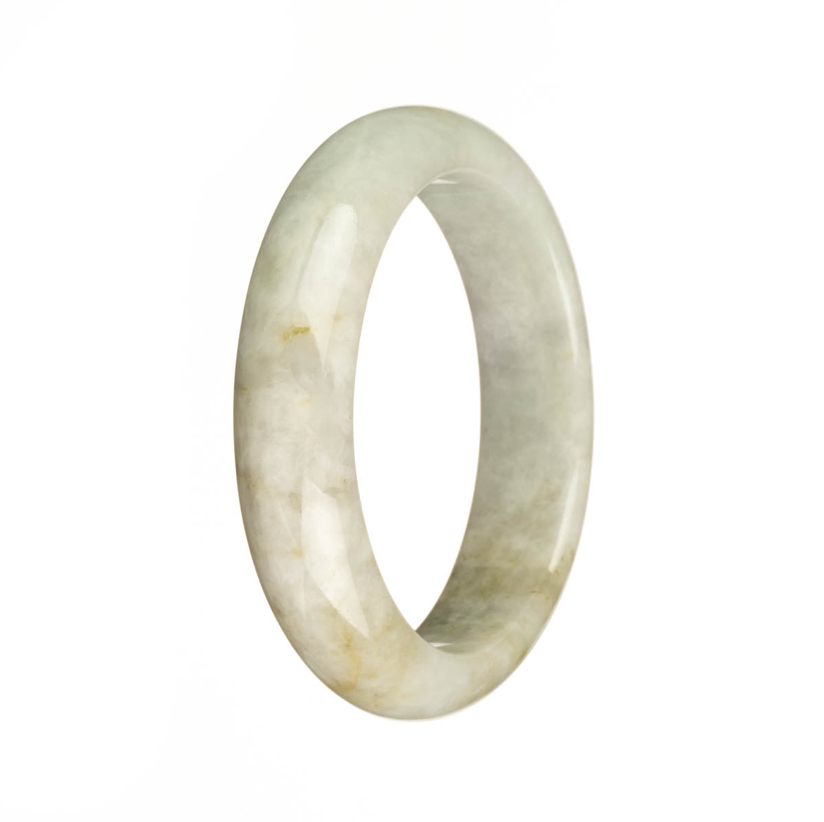A beautiful and authentic Burma Jade bangle bracelet with a unique olive green pattern, crafted with Grade A quality. This 55mm half-moon shaped bracelet is a stunning piece from the MAYS collection.