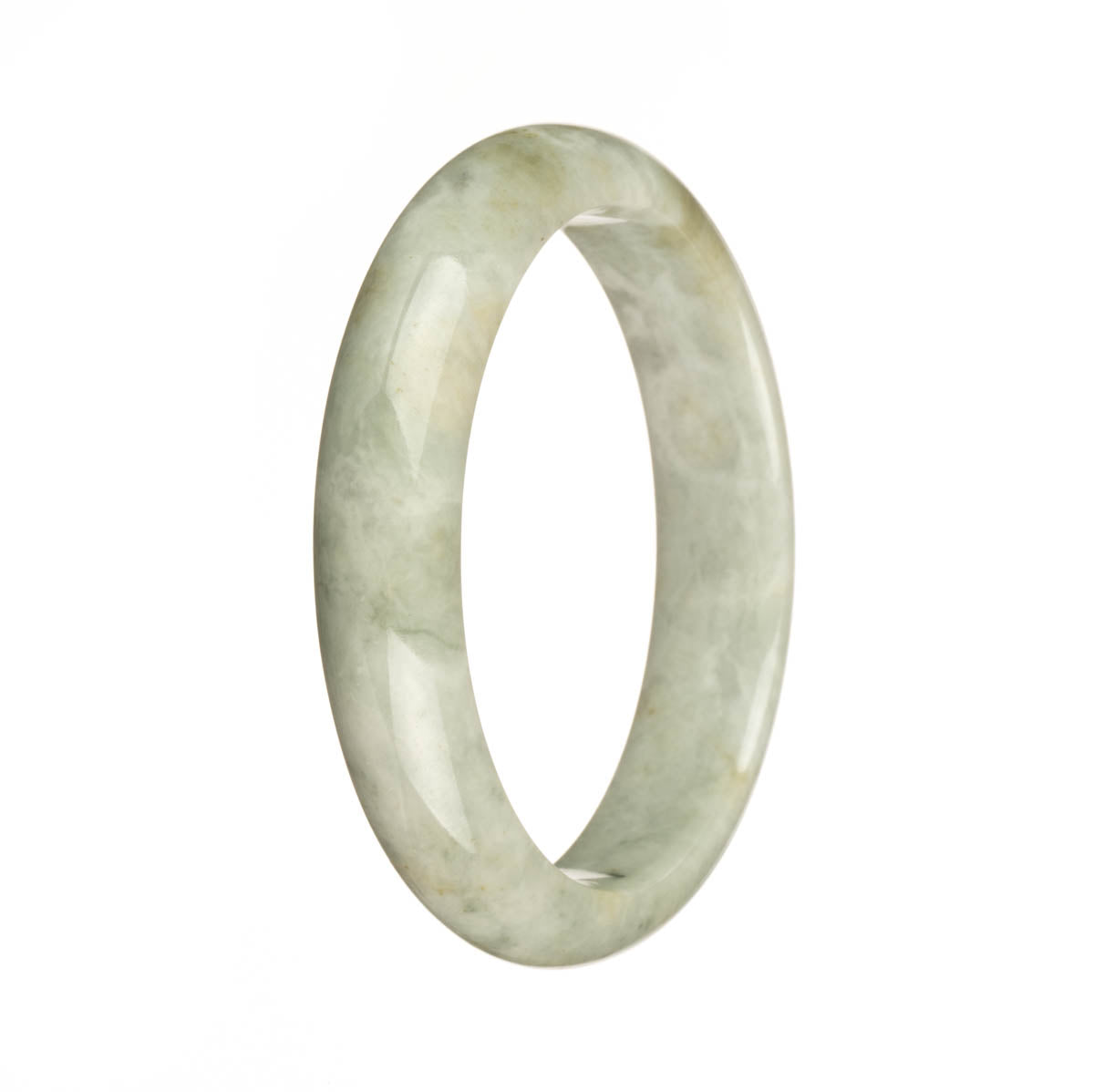 A close-up image of a genuine untreated grey Burma Jade bangle with a dark grey pattern. The bangle is in the shape of a half moon and measures 59mm in diameter. Expertly crafted by MAYS GEMS.