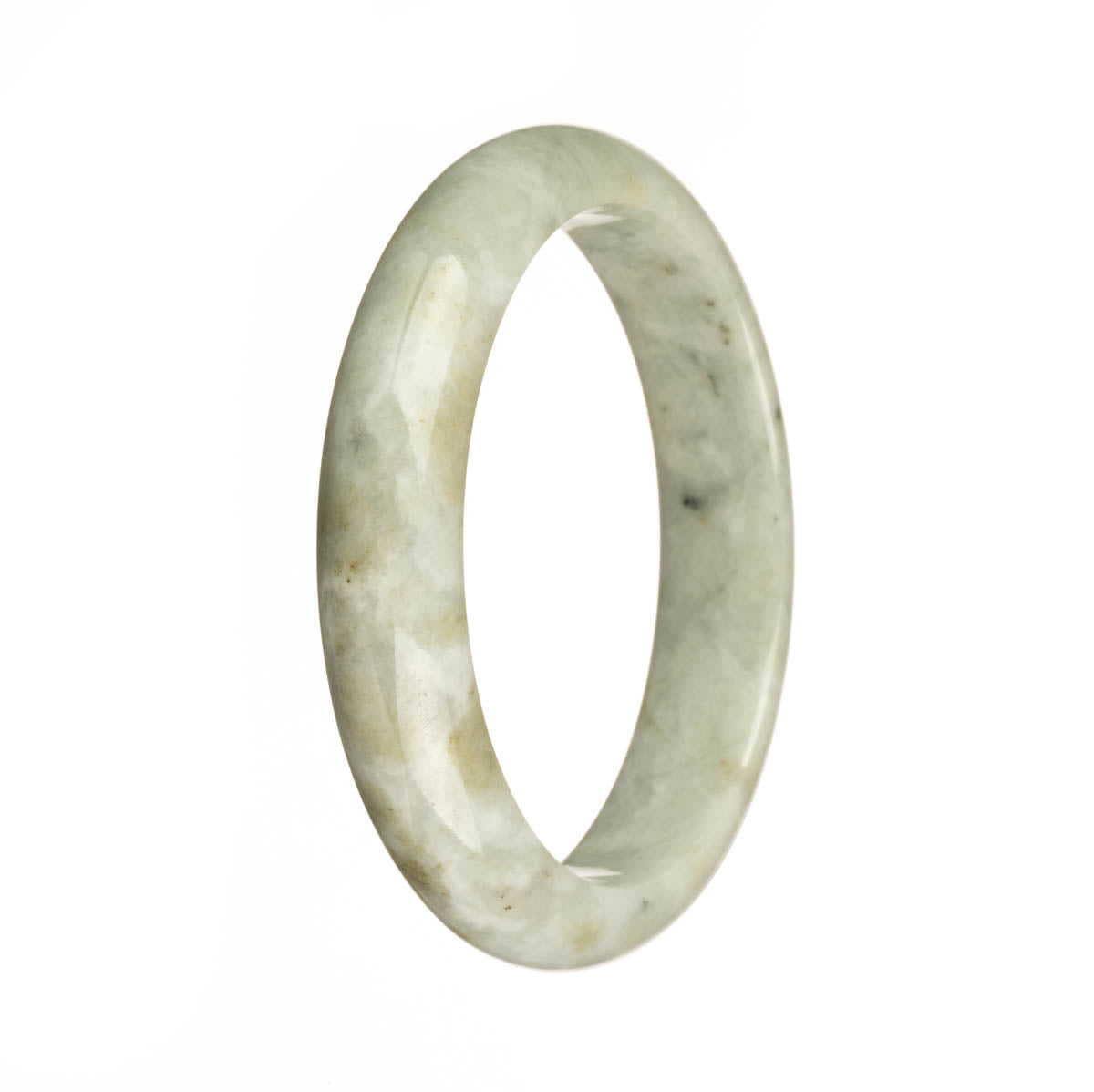 An authentic Grade A grey jadeite jade bangle with a dark grey pattern, shaped like a half moon, measuring 59mm. Sold by MAYS GEMS.